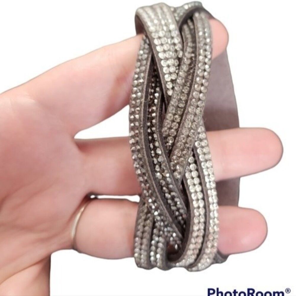 Y2K Gray Braided Soft Cuff Rhinestone Twist Intertwined Suede Feel Bracelet 00s